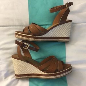 Leather weaved cork wedges